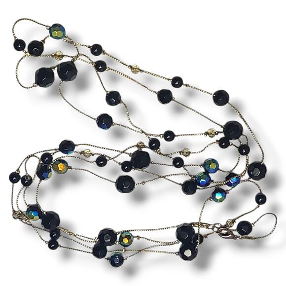 Vintage Extra Long Gold Tone Blue Black Peacock Beaded Station Necklace 72" - Picture 5 of 8